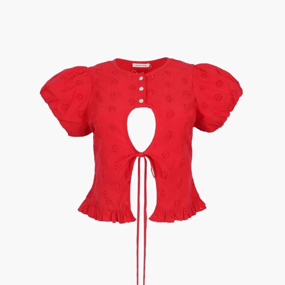 Sandy Liang Cameo Blouse Top Eyelet Embroidered Ruffle Red Cotton M-8 New 270756 - Picture 3 of 8